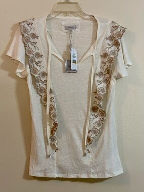 Cupio Ivory Top with Taupe Embroidered Floral Design NEW